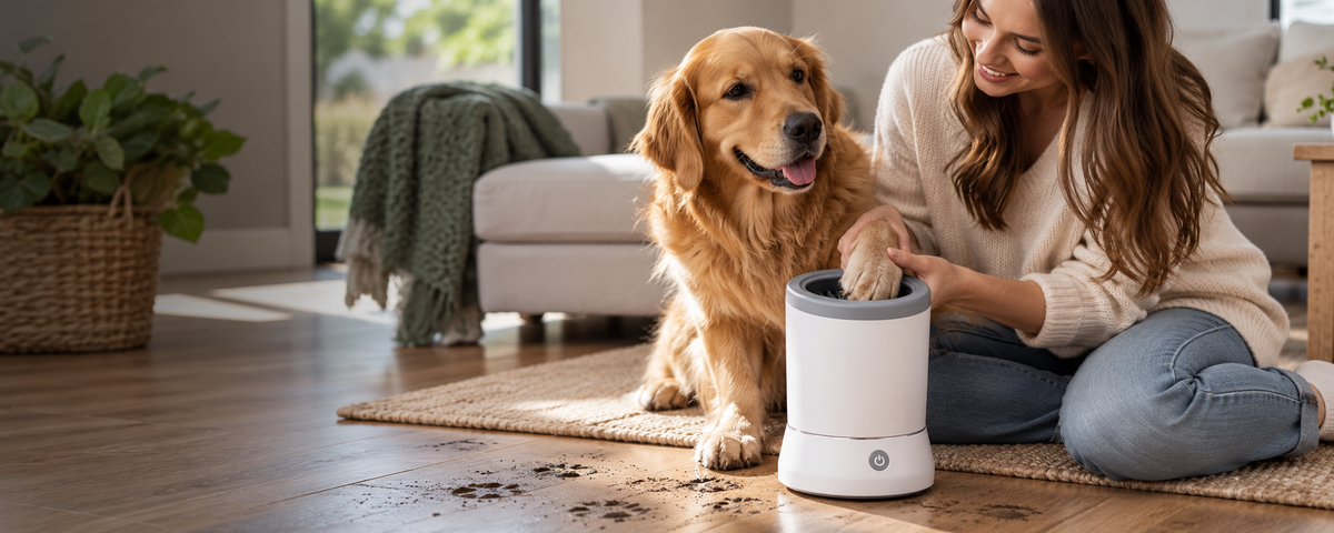 A woman cleaning her dog’s paws at home