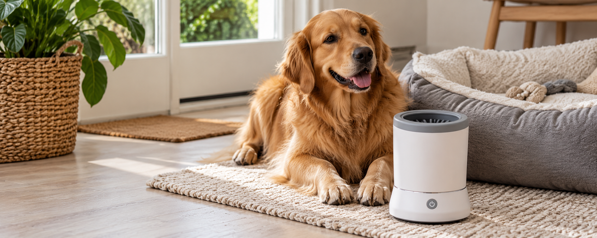 Dog beside the PAWSWASH cleaner in a home