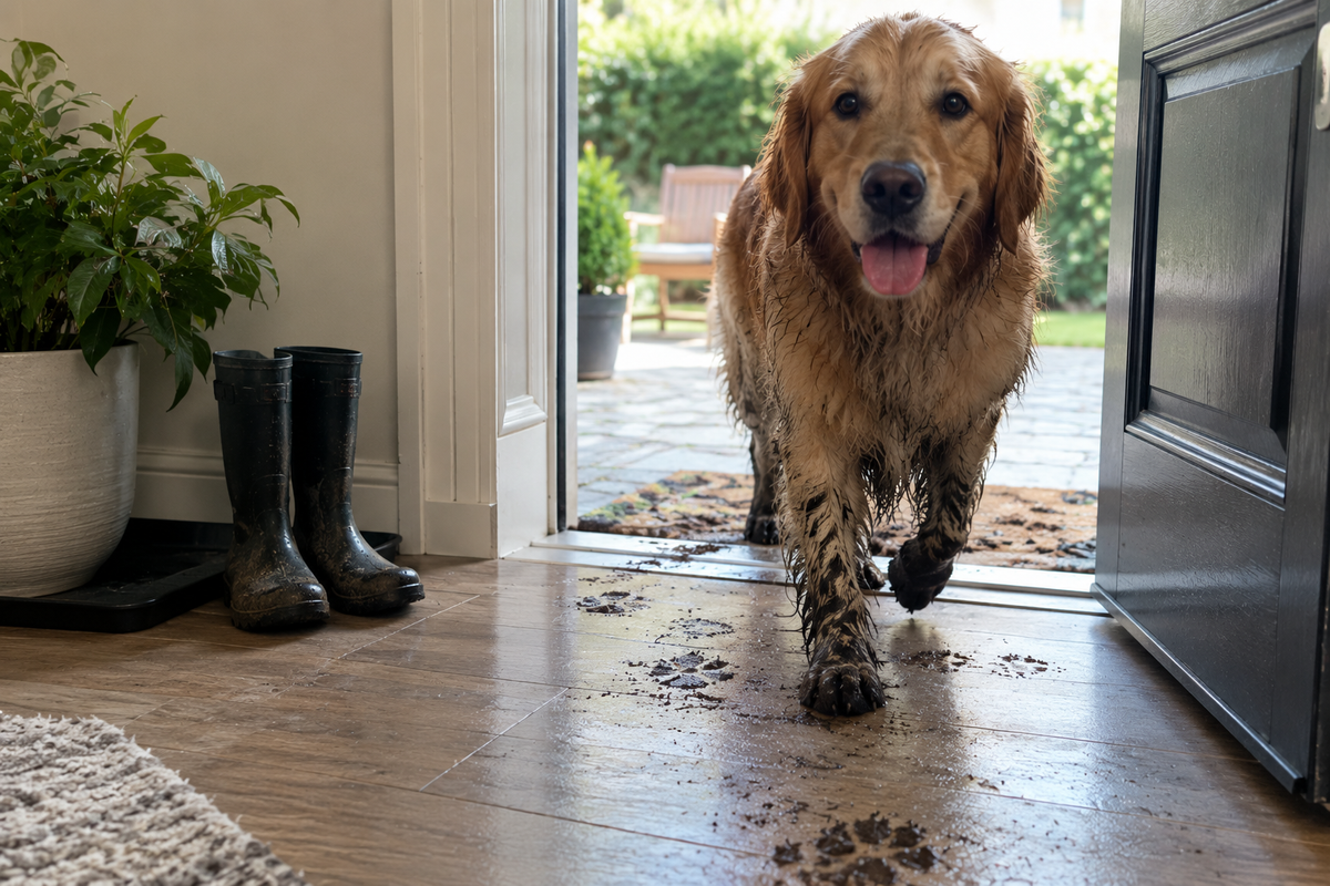 Muddy dog entering a clean modern home